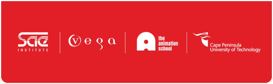 SAE Institue, Vega School, The Animation School and Cape Peninsula University of Technology home page portfolio menu hover tile in white.
